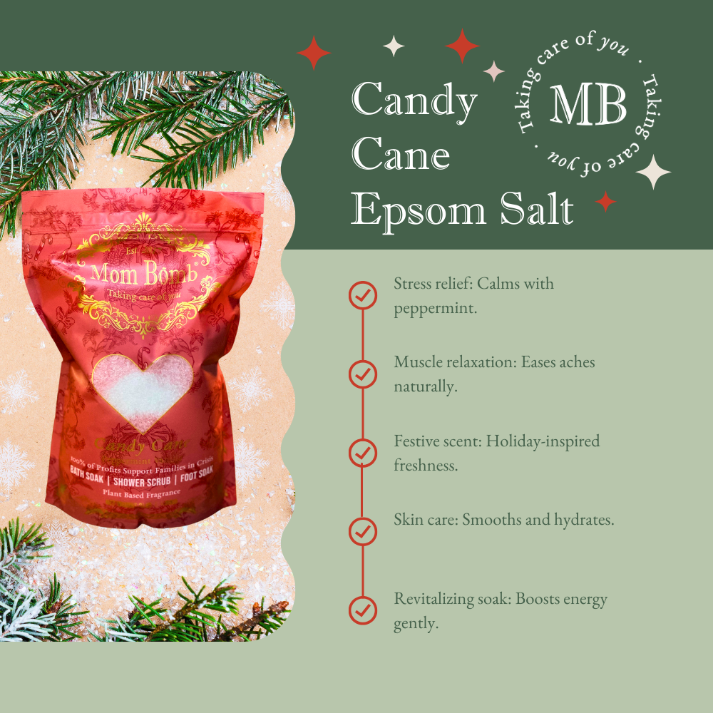 Mom Bomb Candy Cane Bath Salts – Peppermint & Vanilla Scented All-Natural, Vegan, Multi-Use for Holiday Refreshment (3lbs)