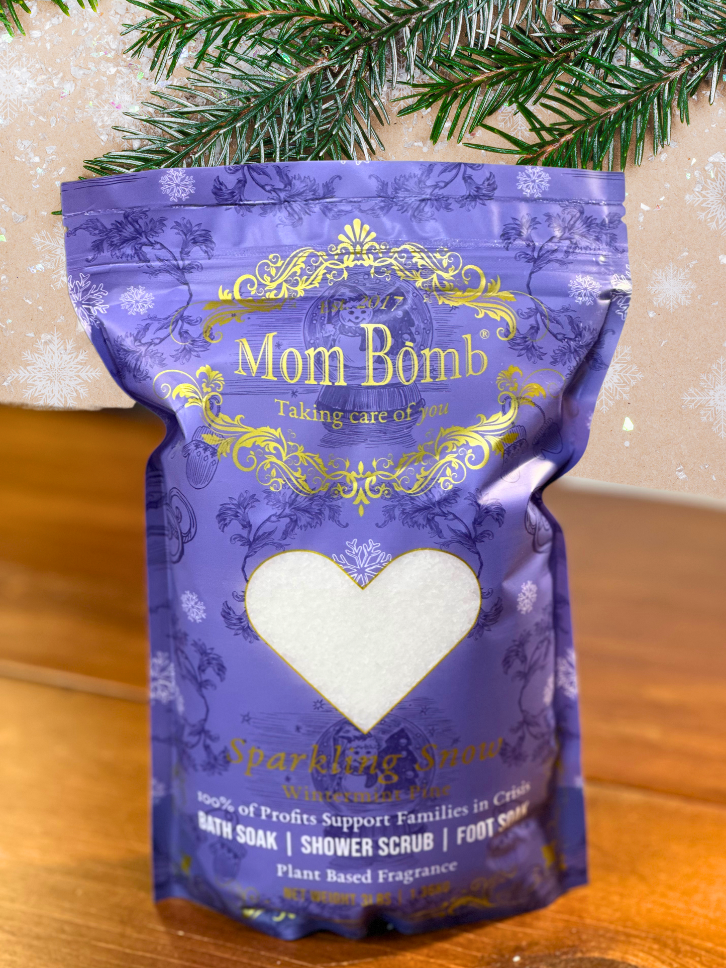 Mom Bomb Sparkling Snow Bath Salts Shower Scrub and Foot Soak – All-Natural, Vegan, Multi-Use for Winter Revitalization (3lbs)