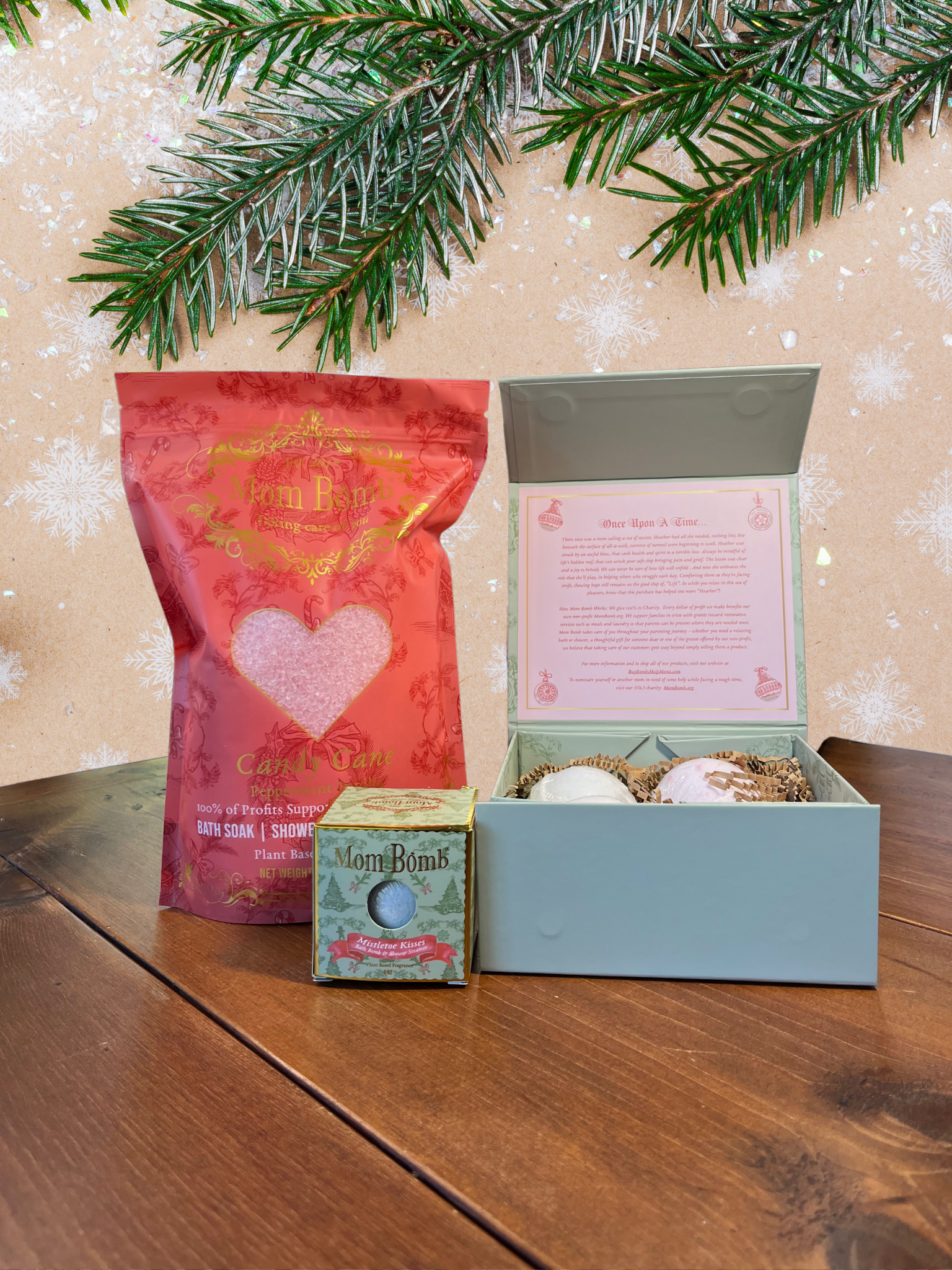 Mom Bomb Holiday Cheer Bundle – Deck the Halls Edition includes 3lb Candy Cane Bath Salts, Evergreen Bath Bomb Gift Set and 5oz Mistletoe Kisses Bath Bomb