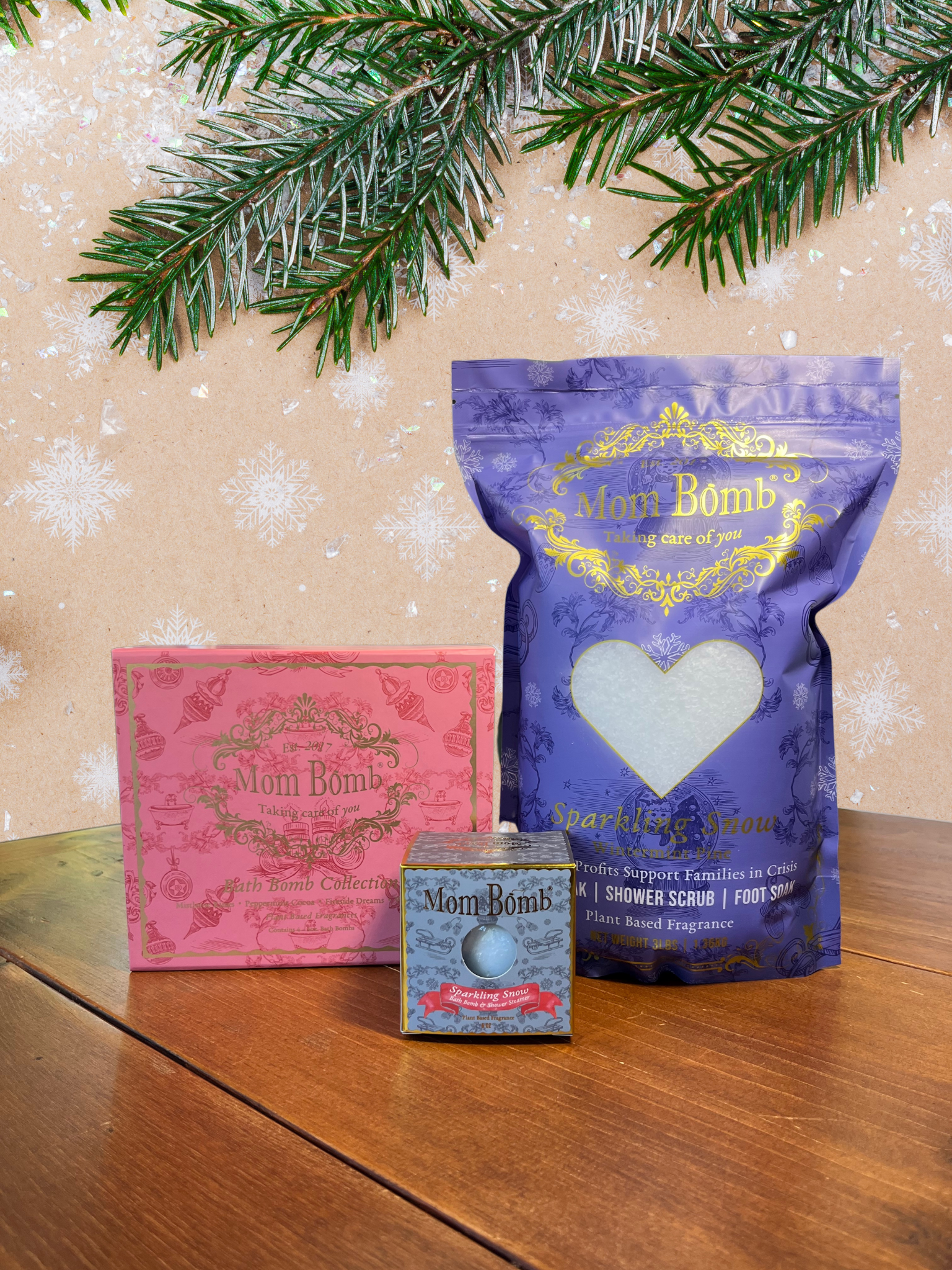 Mom Bomb Winter Wonderland Bundle includes Merry & Bright Gift Set, Sparkling Snow 3lb bath salts and Sparkling Snow 5oz Bath Bomb